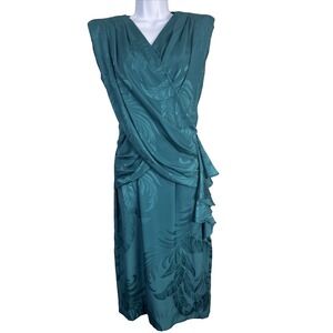 Vtg 80s Teal Satin Midi Dress Sz 4 Faux Wrap Ruffle‎ Retro Cocktail Prom Formal